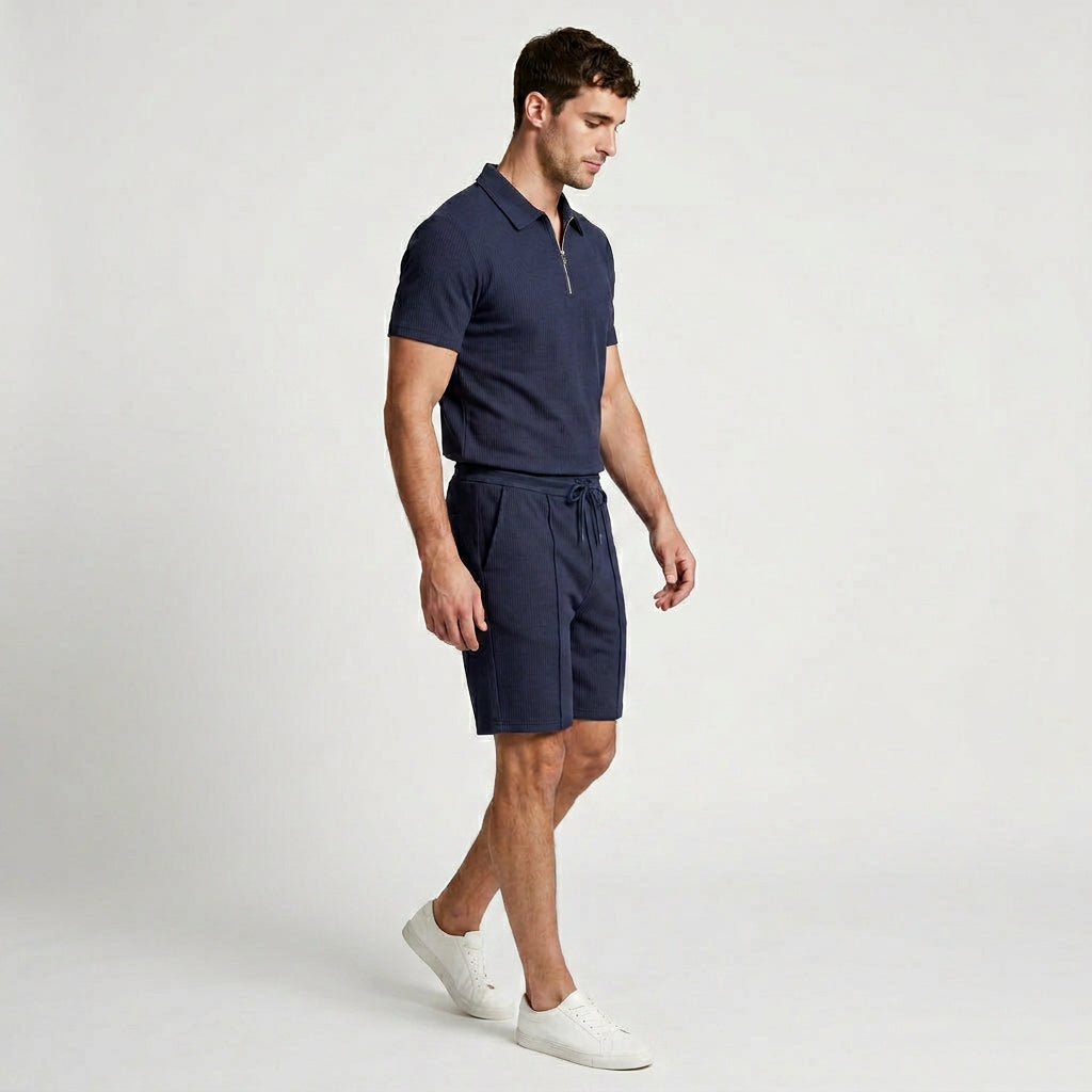Two-Piece Zip Polo Shirt and Shorts Set for Men