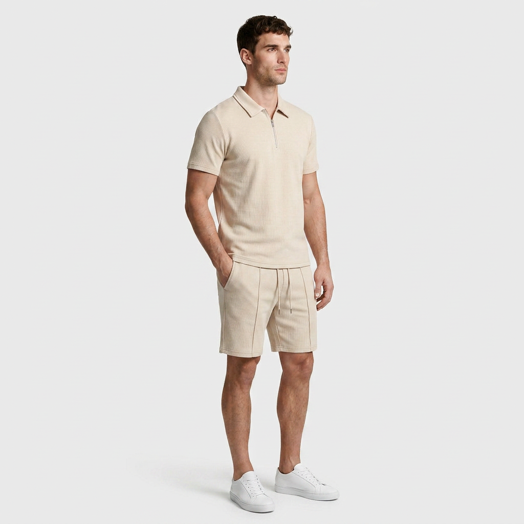 Two-Piece Zip Polo Shirt and Shorts Set for Men