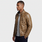 Leather Stand Collar Full-Zip Moto Jacket for Men