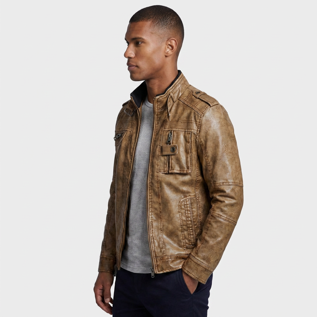Leather Stand Collar Full-Zip Moto Jacket for Men
