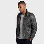 Leather Stand Collar Full-Zip Moto Jacket for Men