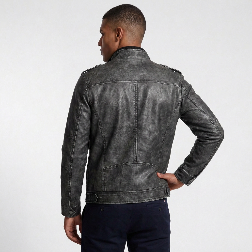 Leather Stand Collar Full-Zip Moto Jacket for Men