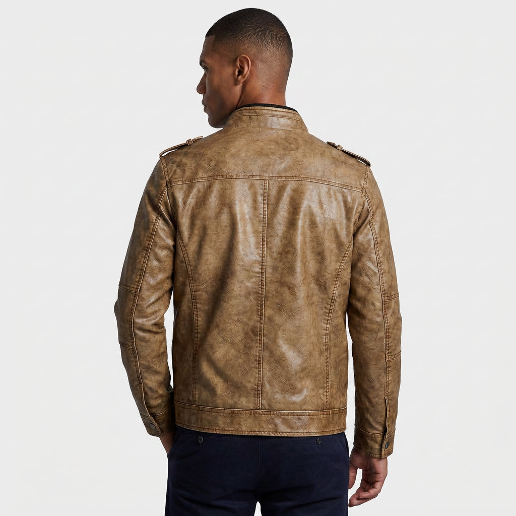 Leather Stand Collar Full-Zip Moto Jacket for Men