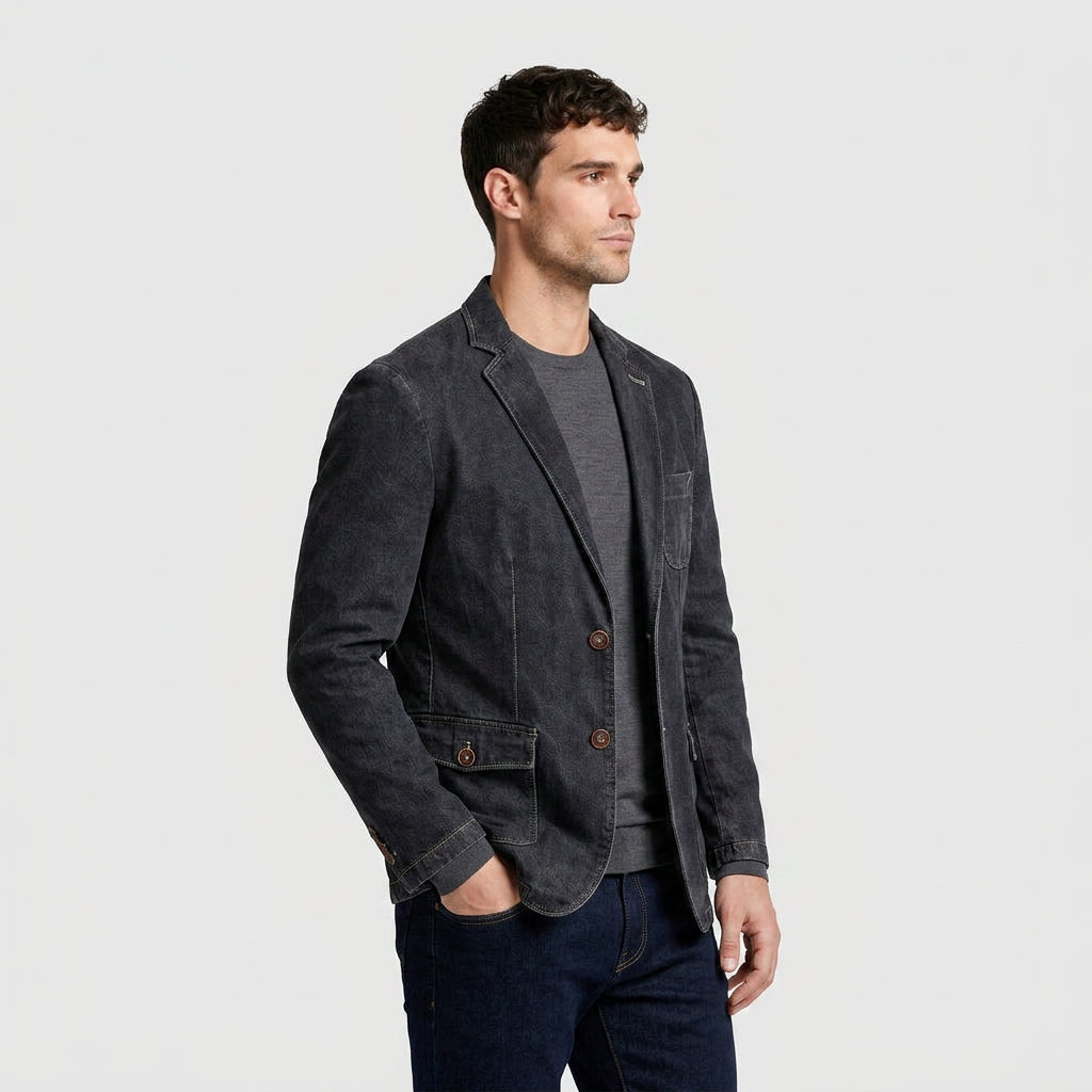 Two-Button Washed Denim Blazer for Men