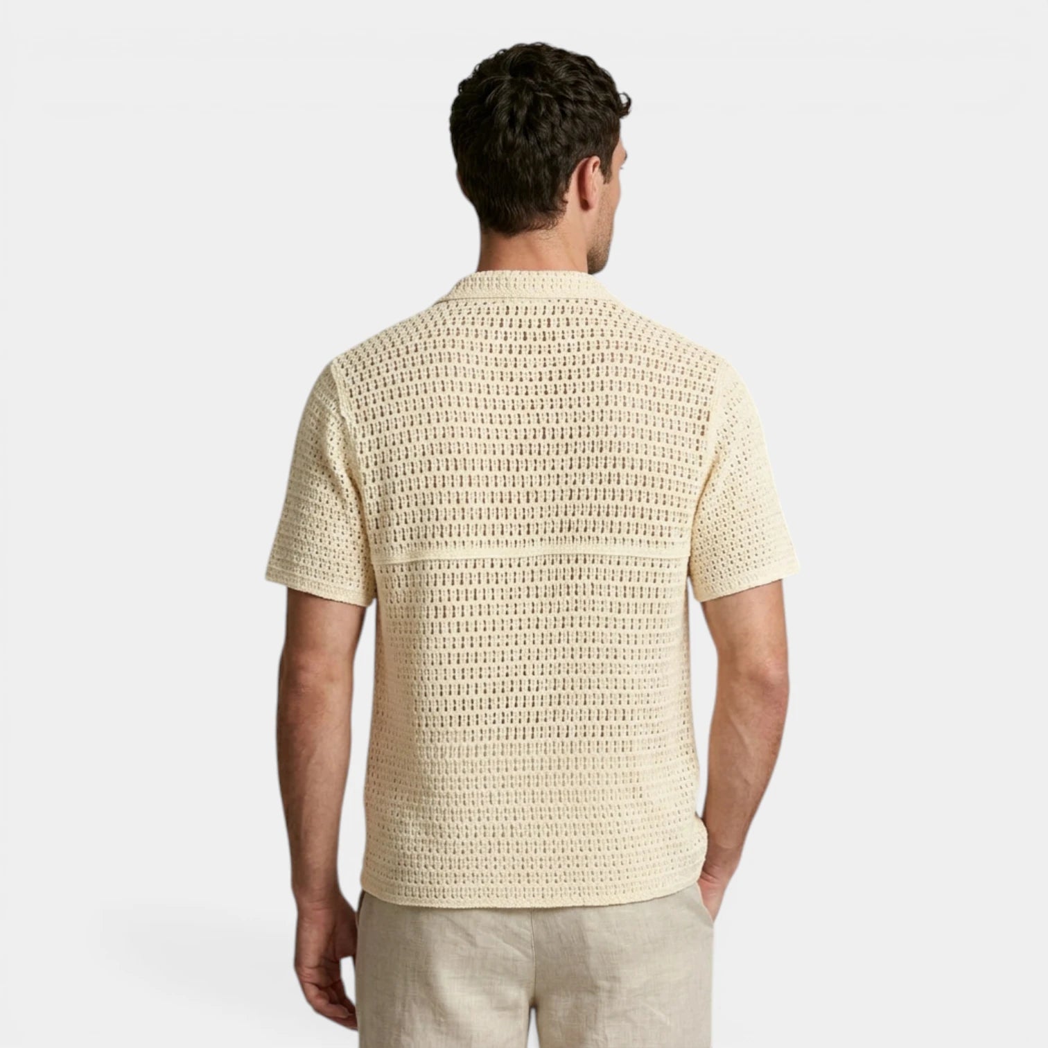 Open Knit Embroidered Button-Up Shirt Relaxed Fit for Men