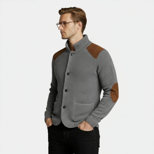 Button-Up Knit Jacket Ribbed Collar Elbow Patch for Men