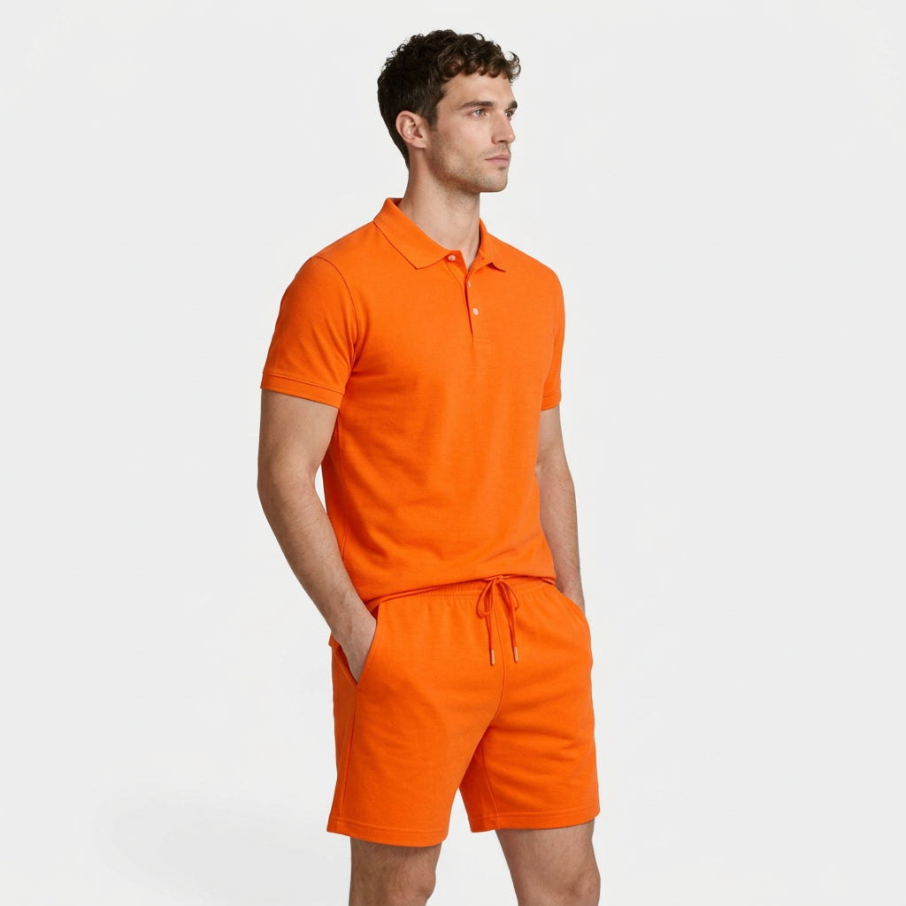 Textured Polo Shirt Drawstring Shorts Set for Men