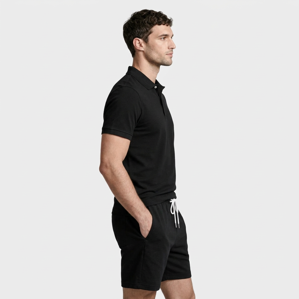 Textured Polo Shirt Drawstring Shorts Set for Men