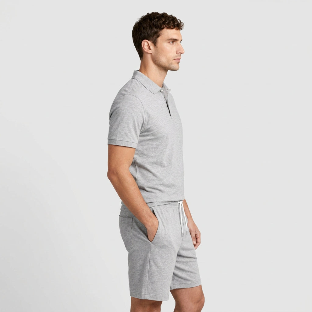 Textured Polo Shirt Drawstring Shorts Set for Men