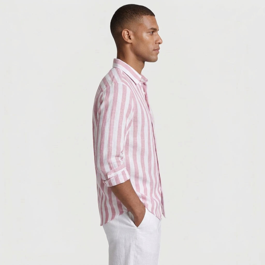 Linen-Cotton Striped Shirt Long Sleeve Relaxed Fit for Men