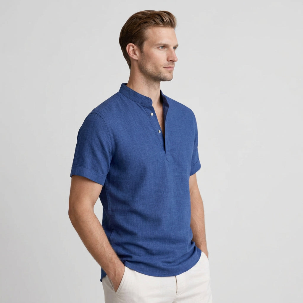 Textured Henley Shirt Stand Collar Relaxed Fit for Men