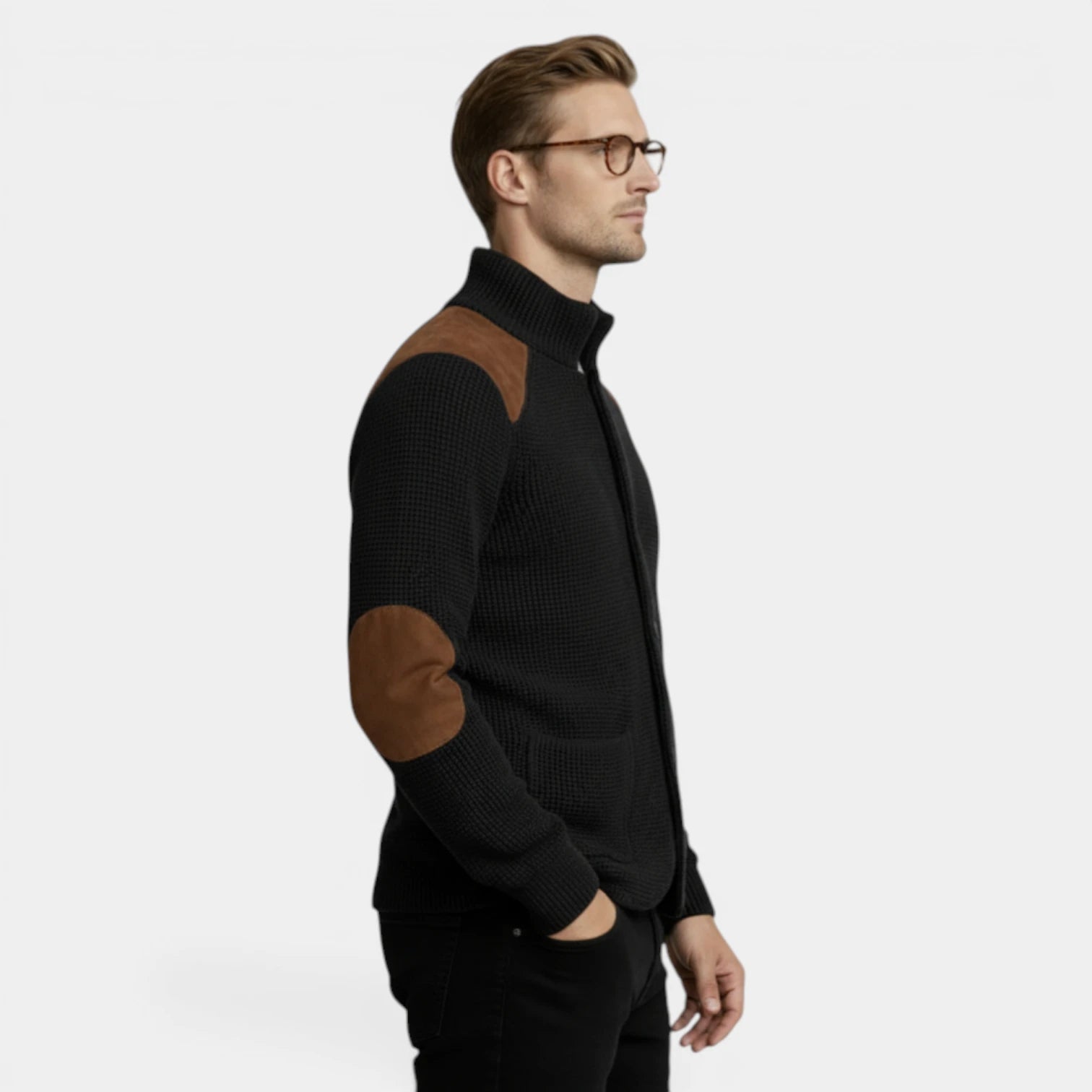 Button-Up Knit Jacket Ribbed Collar Elbow Patch for Men