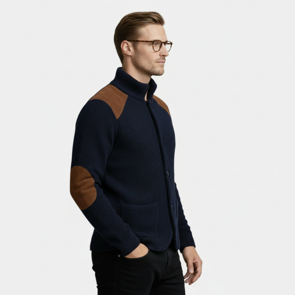 Button-Up Knit Jacket Ribbed Collar Elbow Patch for Men