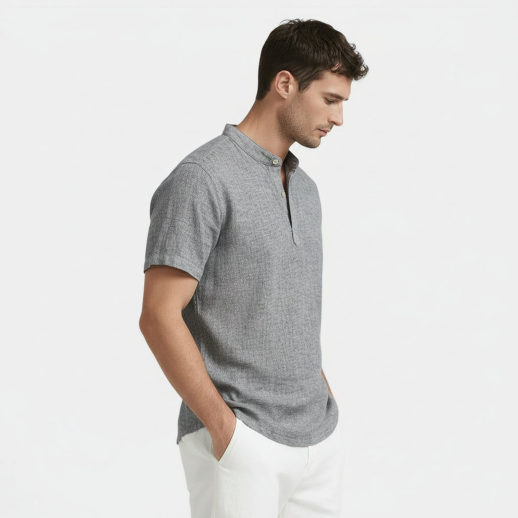Textured Henley Shirt Stand Collar Relaxed Fit for Men