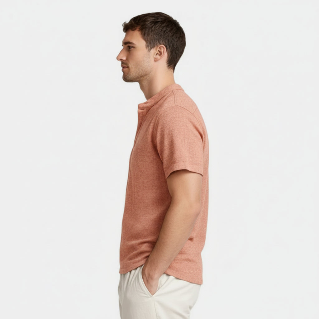 Textured Henley Shirt Stand Collar Relaxed Fit for Men