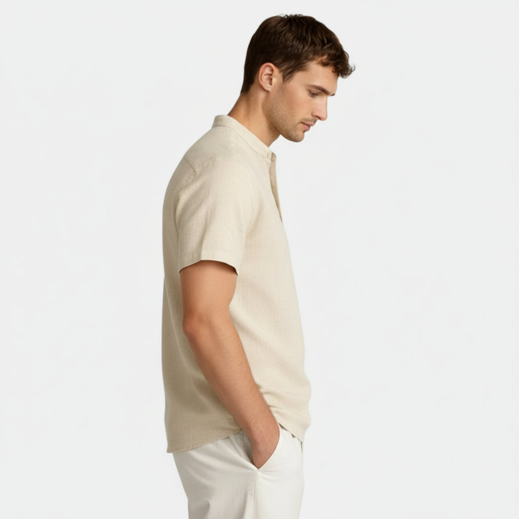 Textured Henley Shirt Stand Collar Relaxed Fit for Men