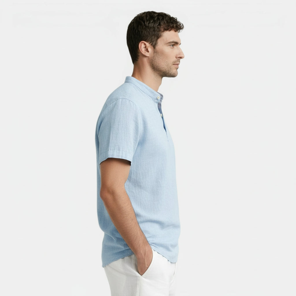 Textured Henley Shirt Stand Collar Relaxed Fit for Men
