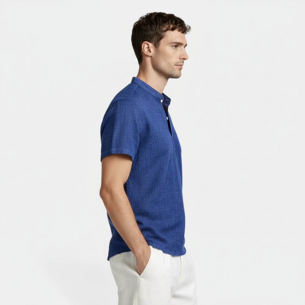 Textured Henley Shirt Stand Collar Relaxed Fit for Men
