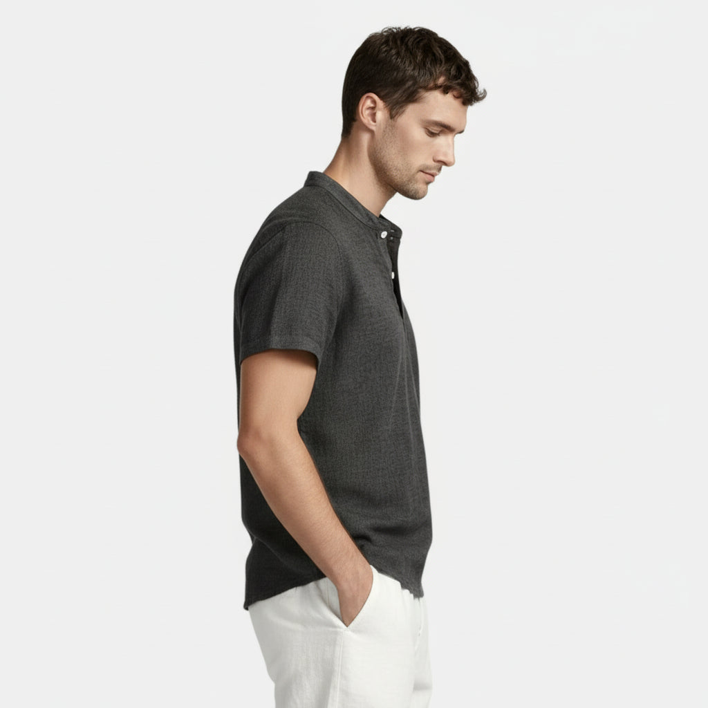 Textured Henley Shirt Stand Collar Relaxed Fit for Men