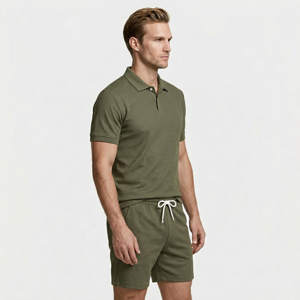 Polo Shirt and Shorts Set Drawstring Waist for Men