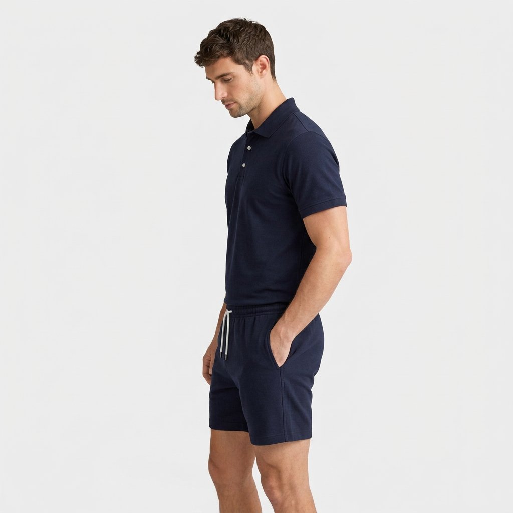 Textured Polo Shirt Drawstring Shorts Set for Men