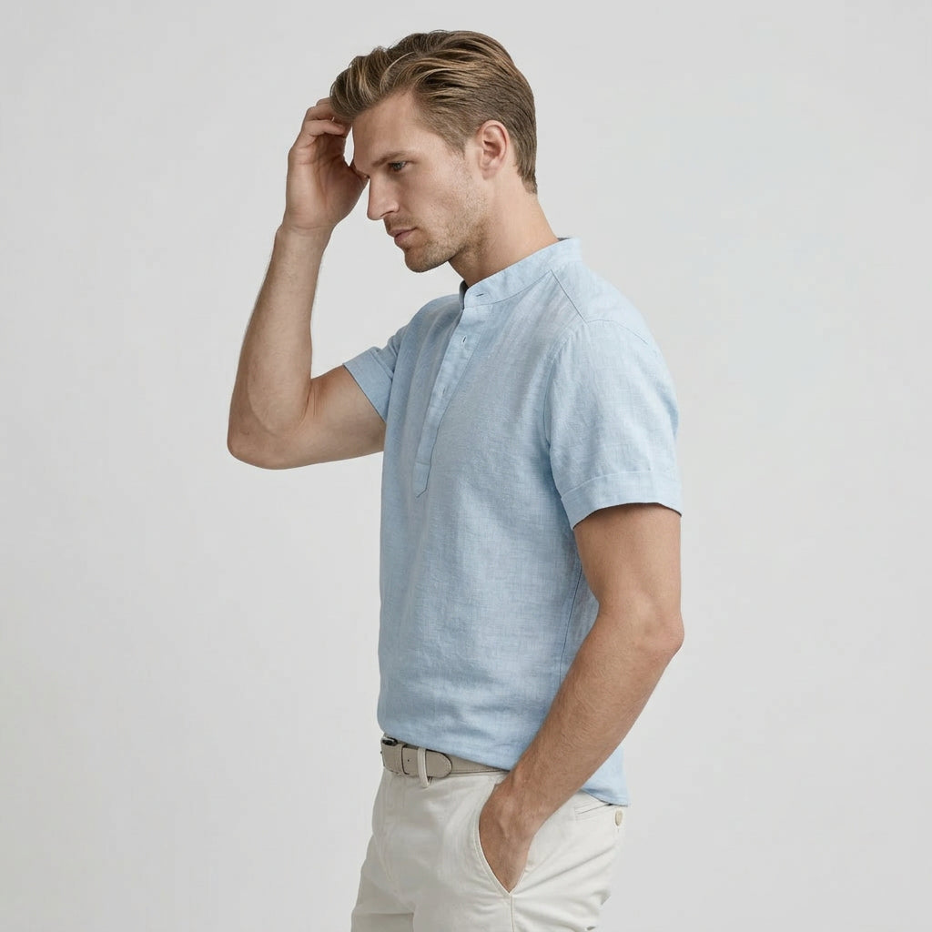 Textured Henley Shirt Stand Collar Relaxed Fit for Men