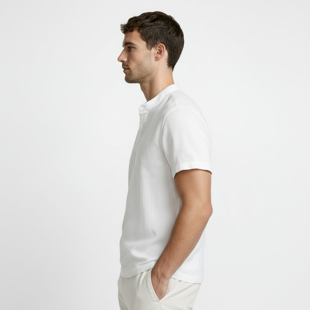 Textured Henley Shirt Stand Collar Relaxed Fit for Men
