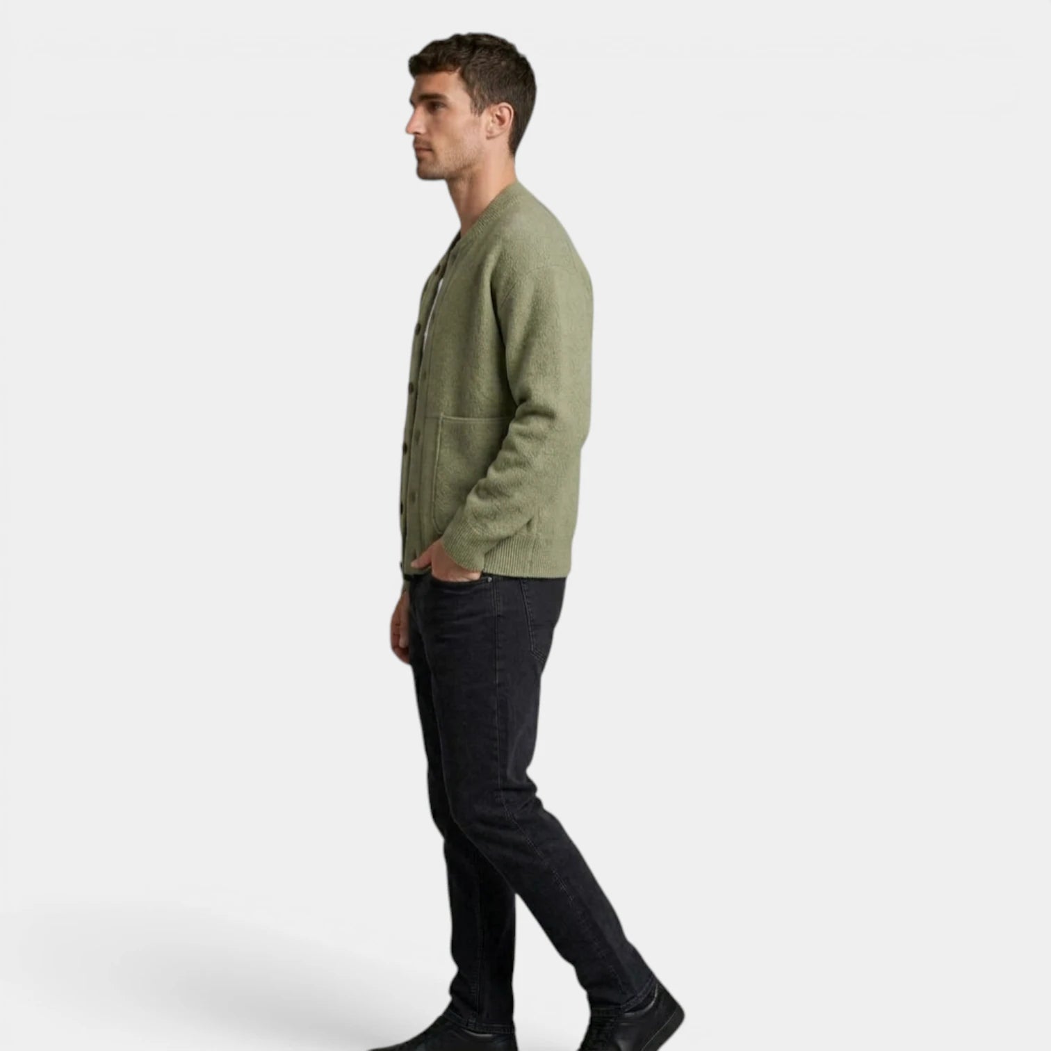 Button-Up Knit Cardigan Ribbed Trim Relaxed Fit for Men