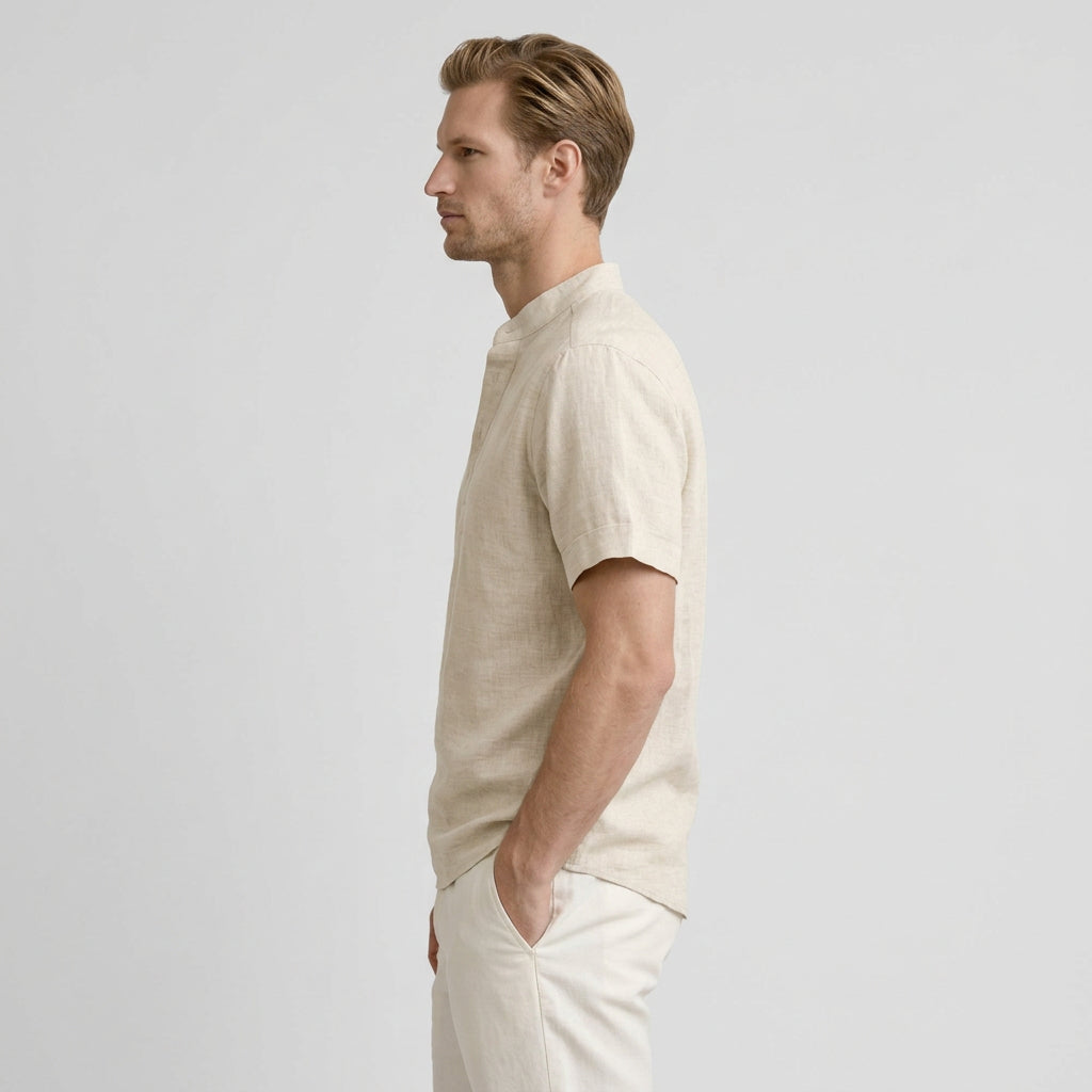 Textured Henley Shirt Stand Collar Relaxed Fit for Men