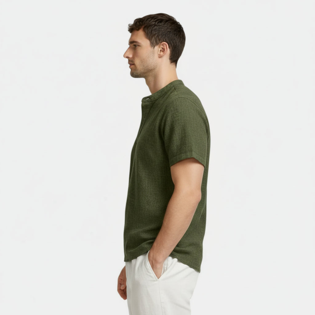 Textured Henley Shirt Stand Collar Relaxed Fit for Men