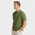 Textured Henley Shirt Stand Collar Relaxed Fit for Men