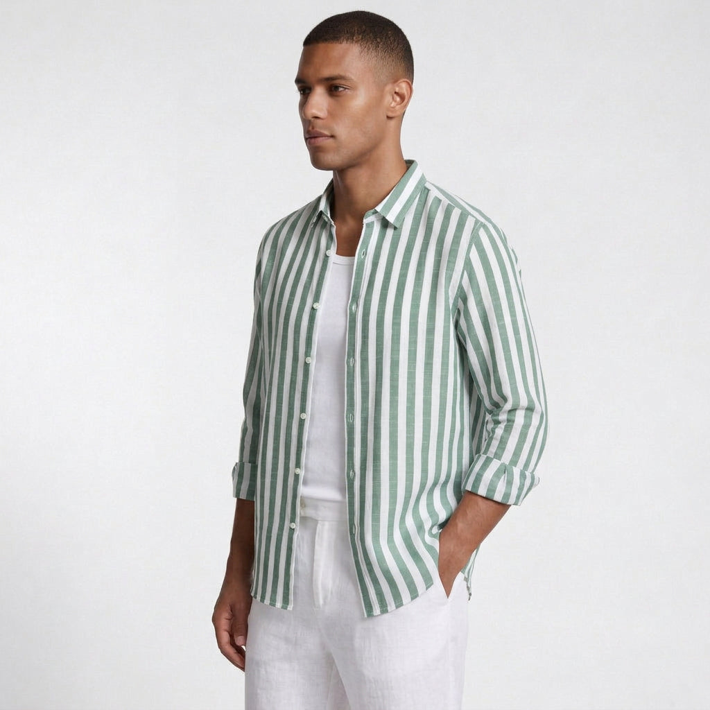Linen-Cotton Striped Shirt Long Sleeve Relaxed Fit for Men