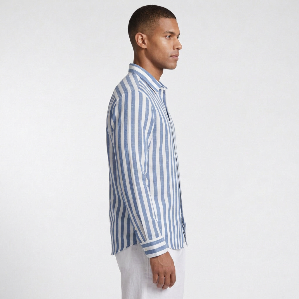 Linen-Cotton Striped Shirt Long Sleeve Relaxed Fit for Men