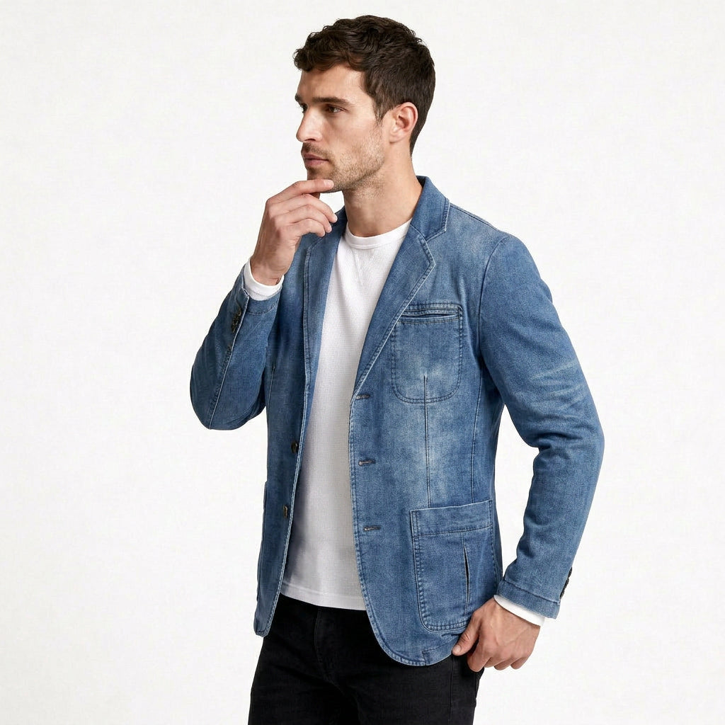 Denim Blazer Structured Notch Lapel Regular Fit for Men