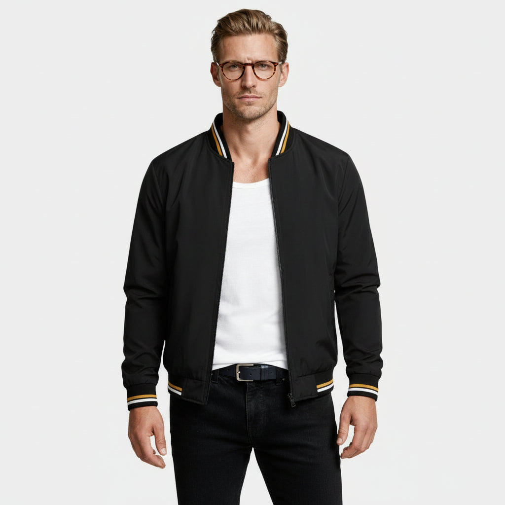 Regular Fit Zip-Up Bomber Jacket Ribbed Trim for Men