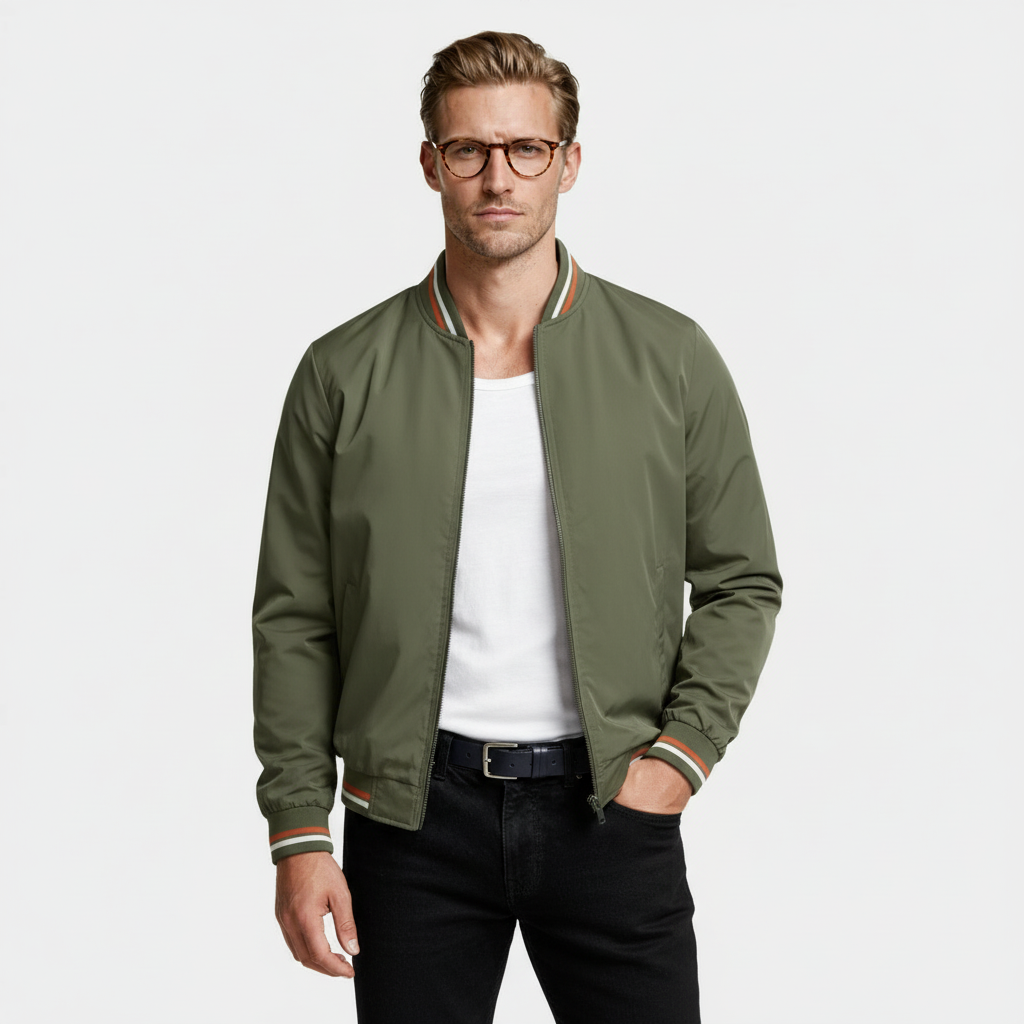 Regular Fit Zip-Up Bomber Jacket Ribbed Trim for Men