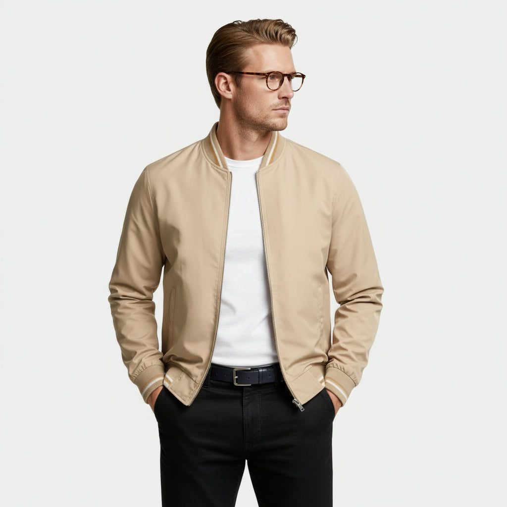 Regular Fit Zip-Up Bomber Jacket Ribbed Trim for Men