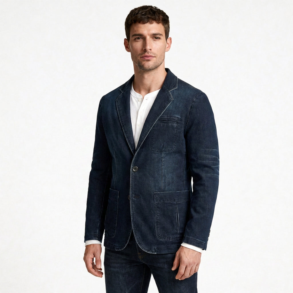 Denim Blazer Structured Notch Lapel Regular Fit for Men