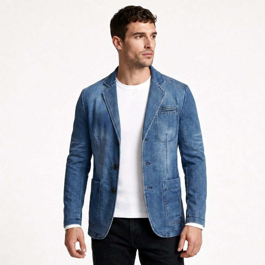Denim Blazer Structured Notch Lapel Regular Fit for Men