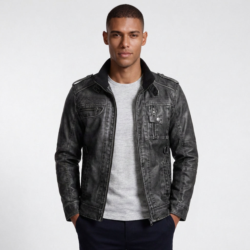 Leather Stand Collar Full-Zip Moto Jacket for Men