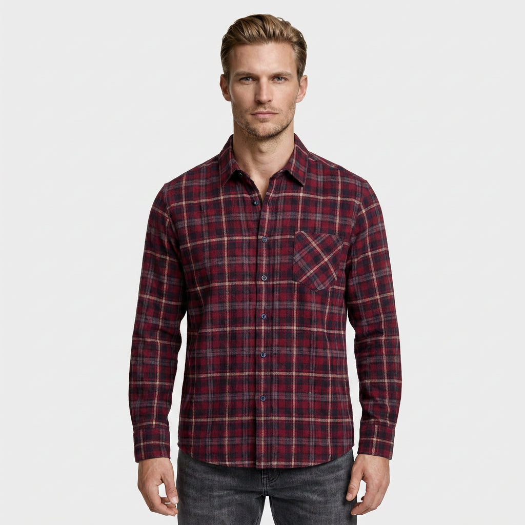 Checkered Button-Down Collar Long Sleeve Shirt for Men