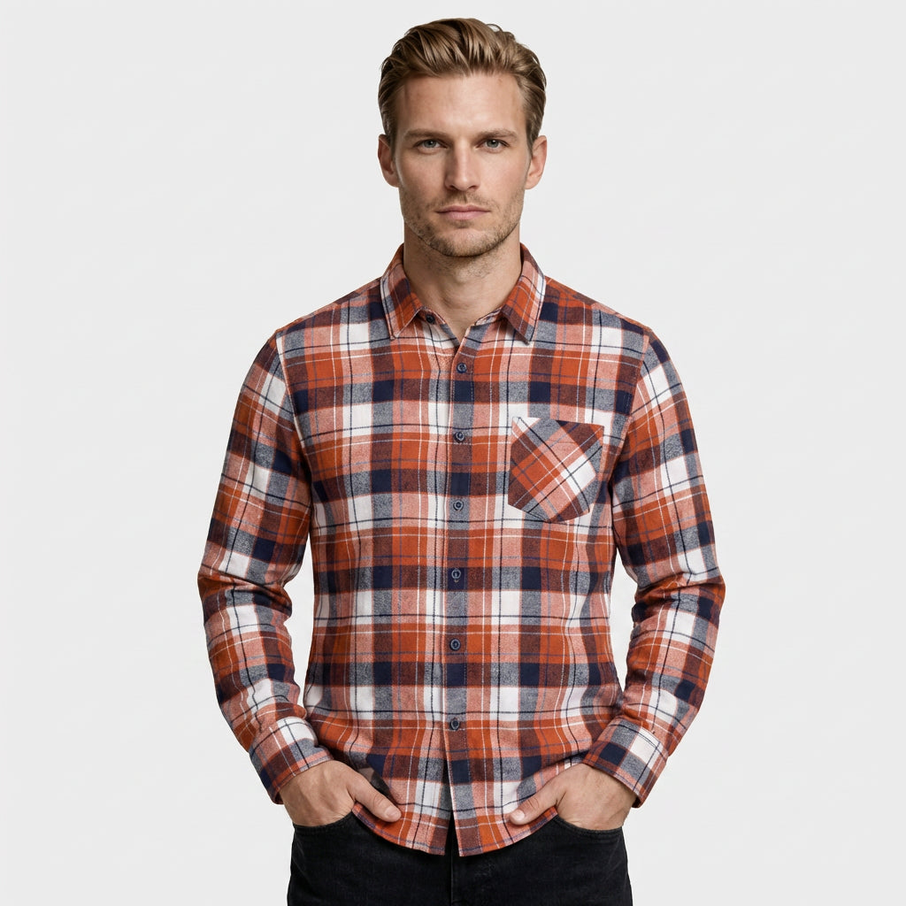 Checkered Button-Down Collar Long Sleeve Shirt for Men
