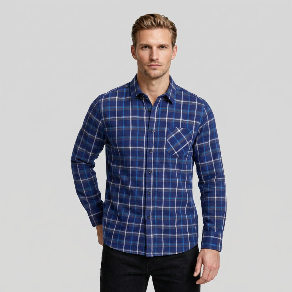 Checkered Button-Down Collar Long Sleeve Shirt for Men