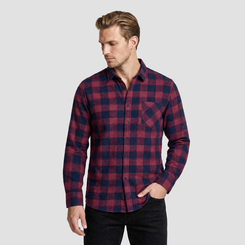 Checkered Button-Down Collar Long Sleeve Shirt for Men