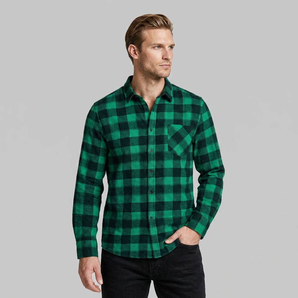 Checkered Button-Down Collar Long Sleeve Shirt for Men