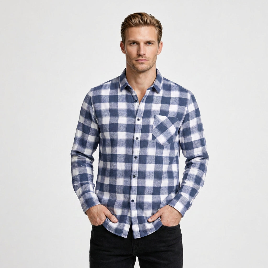 Checkered Button-Down Collar Long Sleeve Shirt for Men