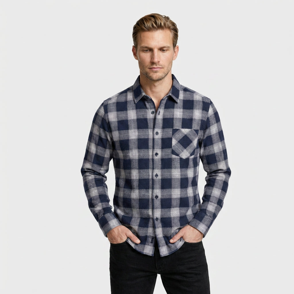 Checkered Button-Down Collar Long Sleeve Shirt for Men