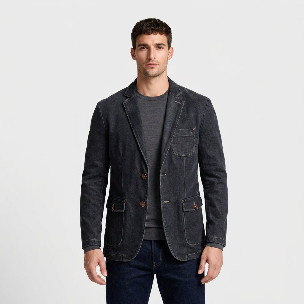 Two-Button Washed Denim Blazer for Men