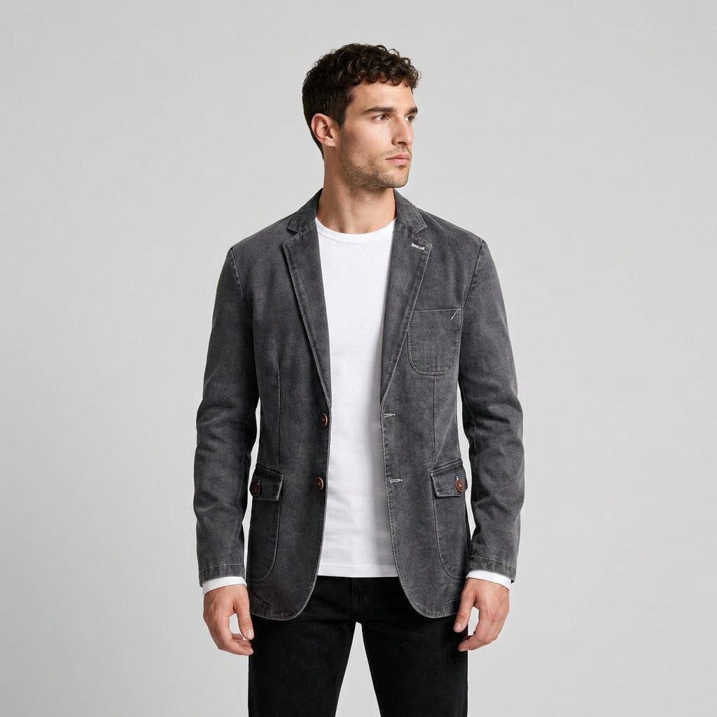 Two-Button Washed Denim Blazer for Men
