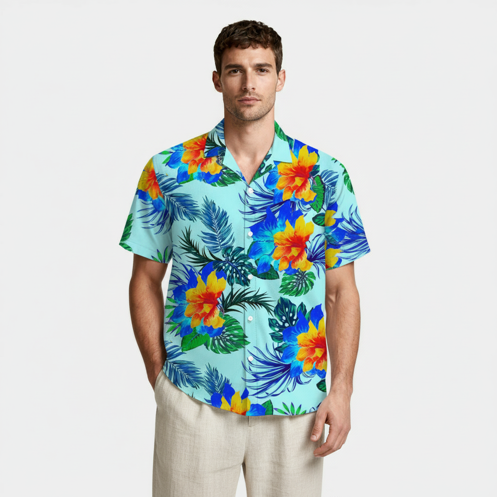 Tropical Floral Print Shirt Short Sleeve Regular Fit for Men